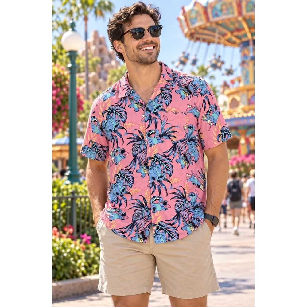Disney Stitch Hawaiian Shirt Men's M Pink Tropical Camp Button Up Theme Park